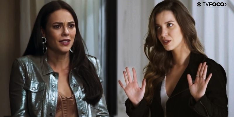 Em foto montagem feita pelo site TV Foco, Vivi (Paolla Oliveira) e Fabiana (Nathalia Dill) se encaram em discussão em cena de A Dona do Pedaço