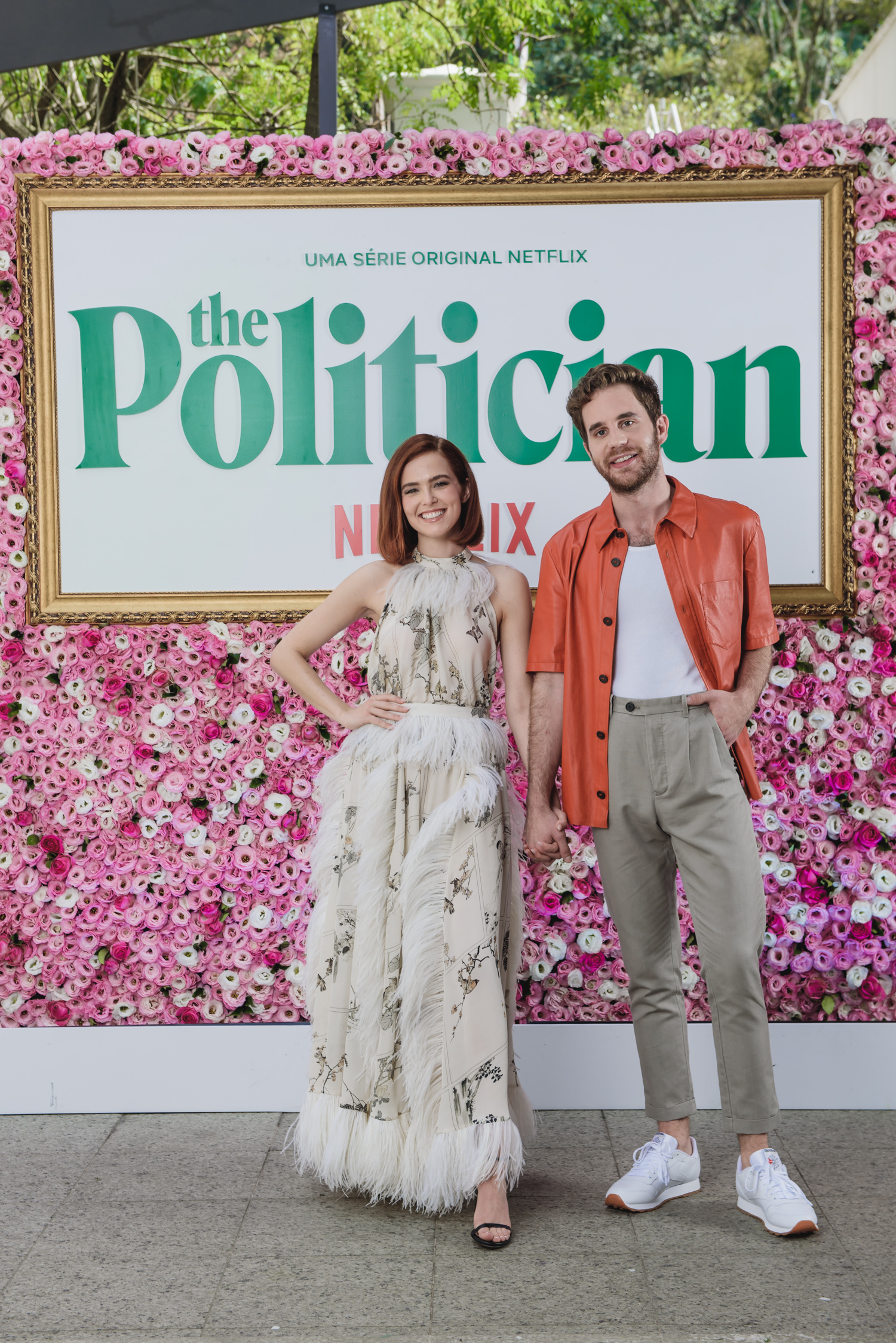 Ben Platt e Zoey Deutch na coletiva de imprensa de The Politician, da Netflix, no Palácio Tangará, em São Paulo (Foto: Divulgação/Helena Yoshioka)