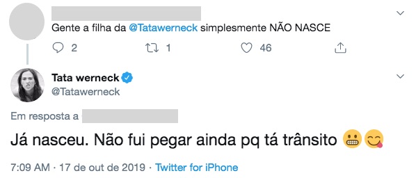 Tata Werneck dá resposta atravessada em internauta que reclamou sobre a demora do nascimento de sua filha. Foto: Reprodução