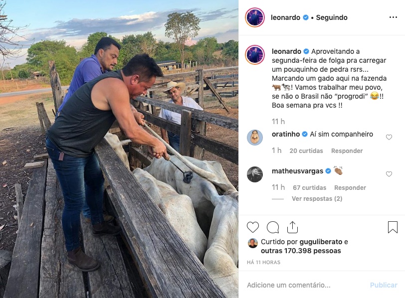 Leonardo marca gados com ferro quente e é detonado nas redes sociais. Foto: Reprodução/Instagram