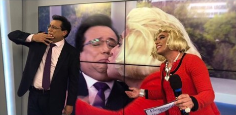 Geraldo Luis e Garçom Maluco protagonizam beijo gay durante o Balanço Geral na Record (Imagem Reprodução)