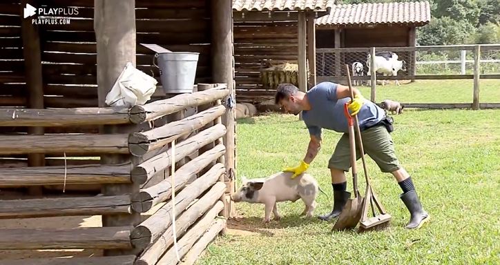 Jorge Sousa apelidou porco por Jorge em A Fazenda 11 e faz carinho no animal (Reprodução: PlayPlus)