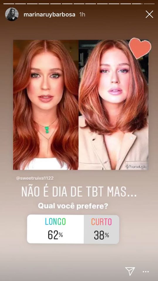 Marina Ruy Barbosa faz enquete para saber se os fãs a preferem de cabelos curtos ou longos (Imagem: Instagram)