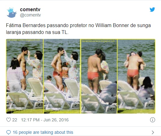 William Bonner em fotos antigas ao lado de Fátima Bernardes na praia (Imagem: Reprodução/Twitter)