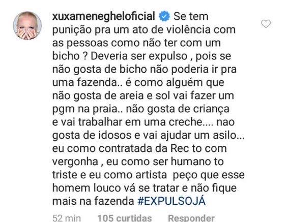 Xuxa faz apelo para Viny Vieira ser expulso de A Fazenda e detona atitude do peão nas redes sociais (Reprodução: Instagram)