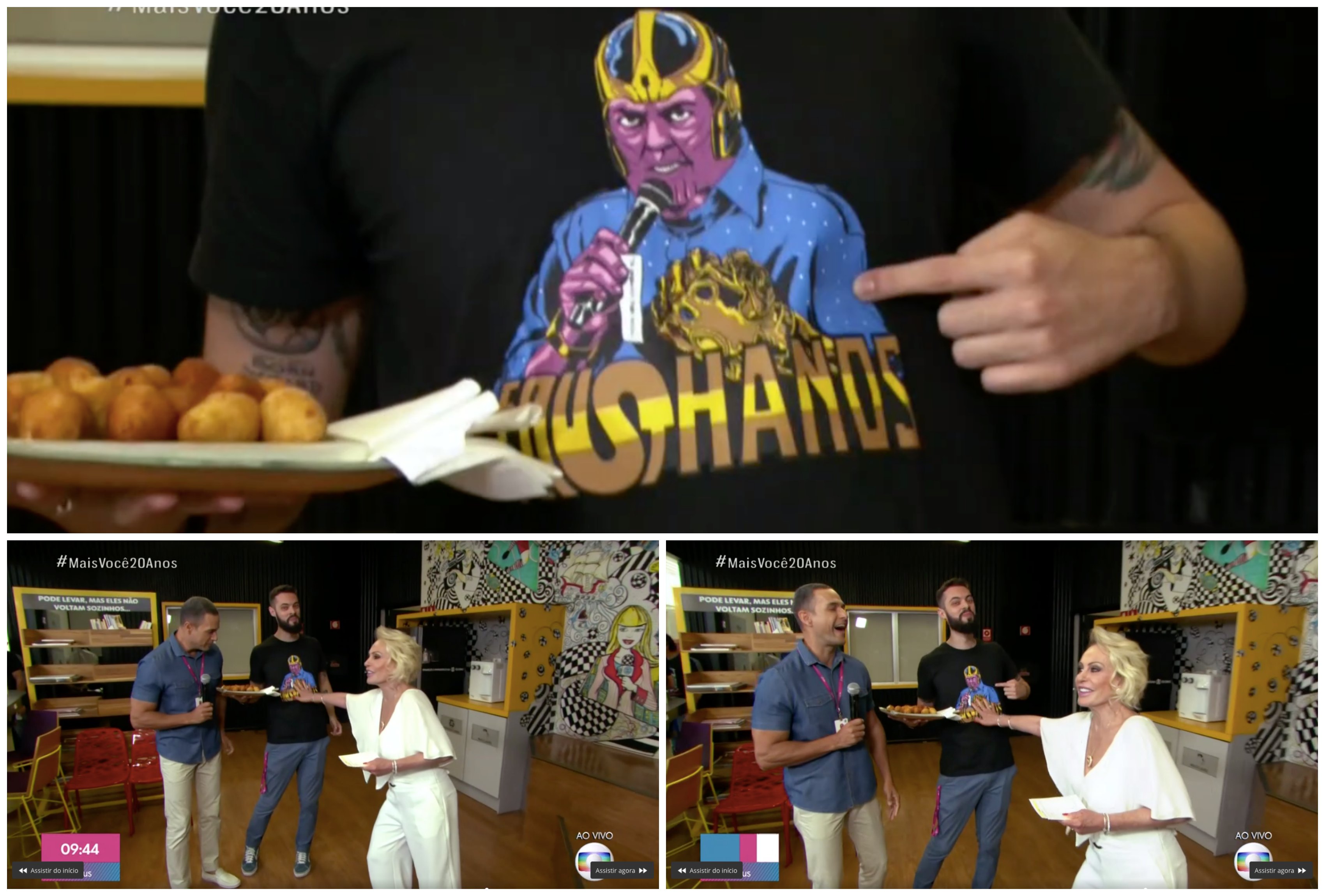 Ana Maria Braga, Cauê Fabiano e Felipe caem na gargalhada com o meme Fausthanos. Montagem: TV FOCO