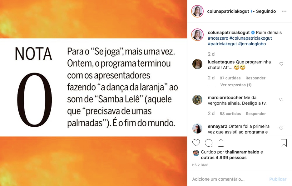 Patrícia Kogut detona Se Joga, apresentado por Fernanda Gentil. Foto: Reprodução