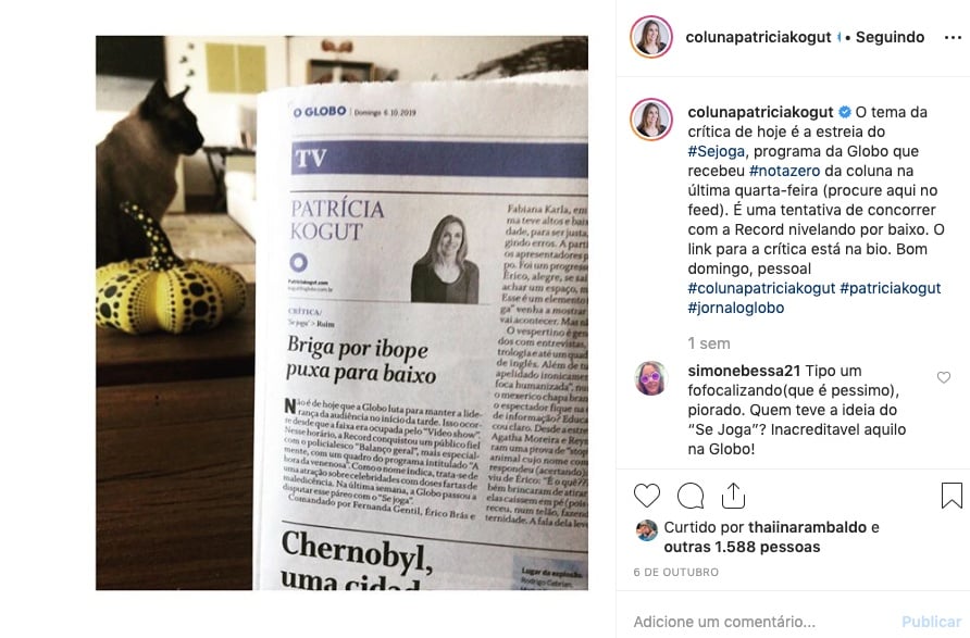 Patrícia Kogut detona Se Joga, apresentado por Fernanda Gentil. Foto: Reprodução