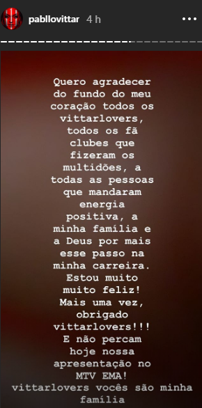 Storie que Pabllo Vittar compartilhou agradecendo os fãs (Foto: Reprodução)