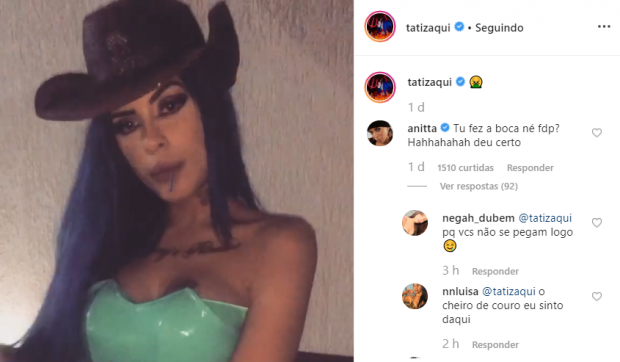 Anitta comenta foto de Tati Zaqui e fãs apontam romance entre as duas cantoras (Foto: Reprodução)