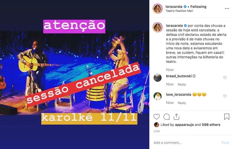 Carolina Dieckmann publica comunicado aos espectadores cancelando a apresentação de seu espetáculo no Rio de Janeiro (Imagem: Instagram)