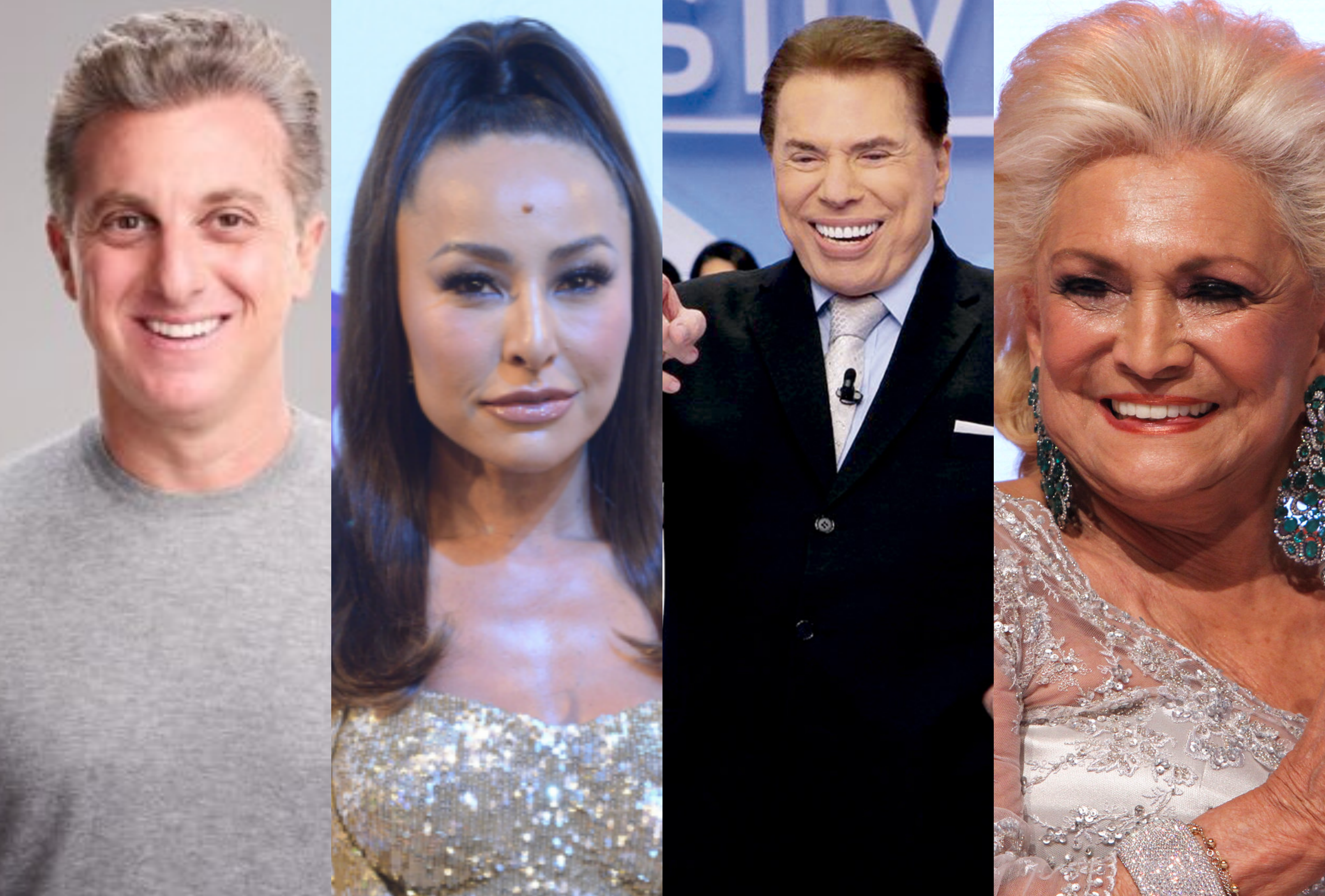 O apresentador da Globo, Luciano Huck, contratada da Record, Sabrina Sato, dono do SBT, Silvio Santos e Hebe Camargo (Foto: Montagem TV Foco)