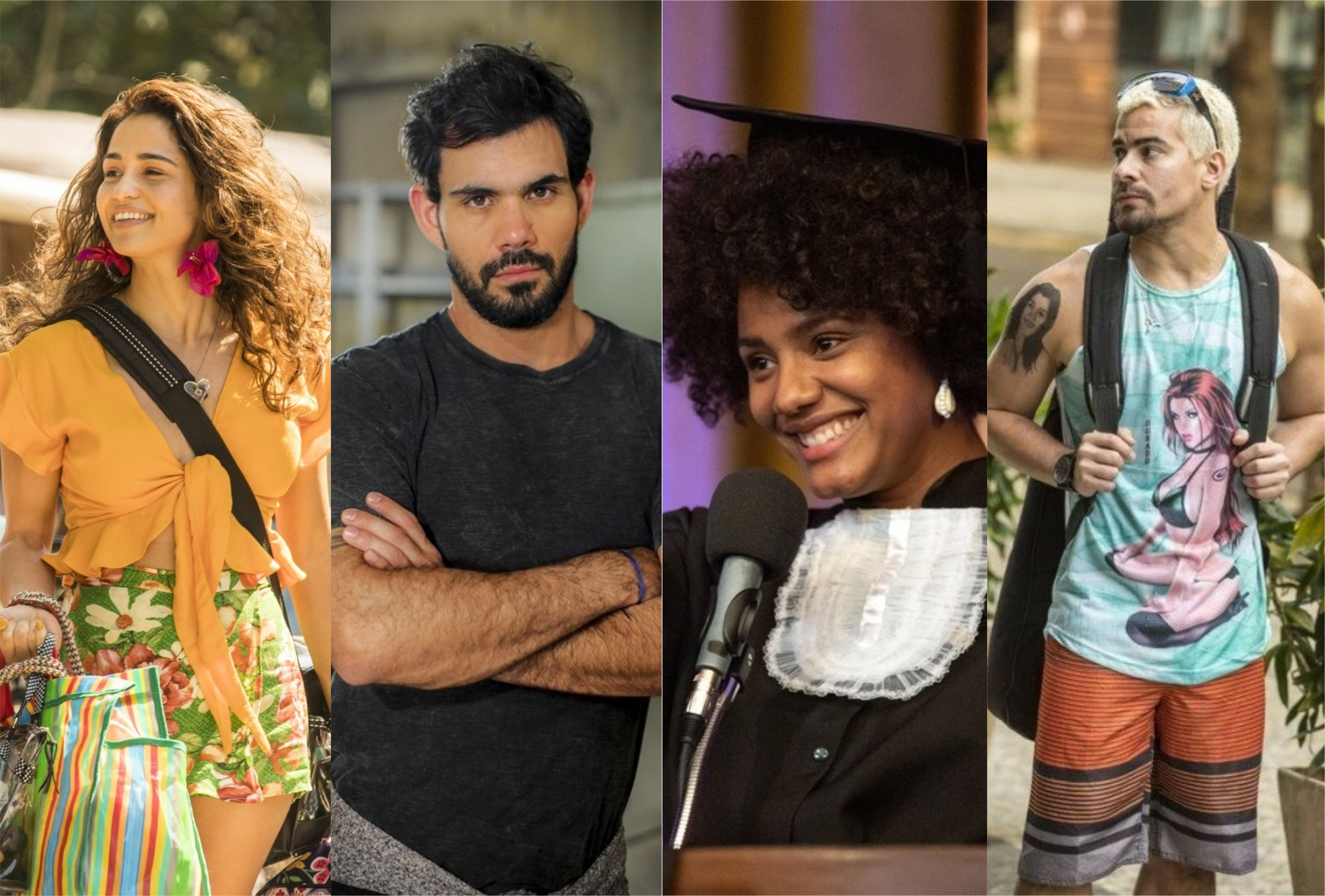 Érica (Nanda Costa), Magno (Juliano Cazarré), Camila (Jéssica Ellen) e Ryan (Thiago Martins) são filhos de Lurdes (Regina Casé) em Amor de Mãe da Globo (Montagem: TV Foco)