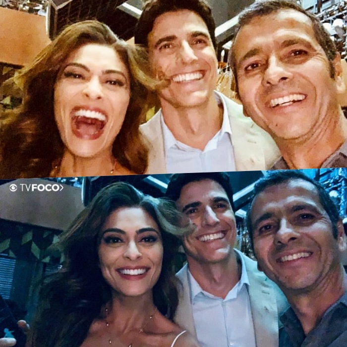 Marcos Palmeira, Reynaldo Gianecchini e Juliana Paes nos bastidores de A Dona do Pedaço