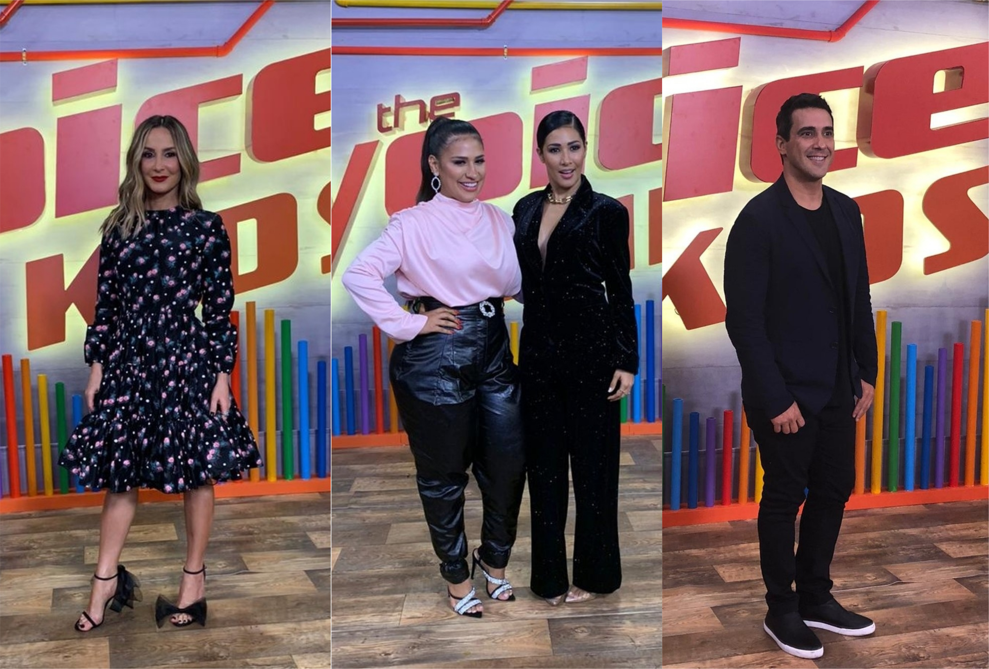 Claudia Leitte, André Marques e Simone e Simaria durante a coletiva do The Voice Kids na Globo (Foto: Montagem/TV Foco)