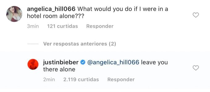 Justin Bieber mostra fidelidade a Hailey Baldwin e responde fã que à provocou sexualmente (Foto: Reprodução)