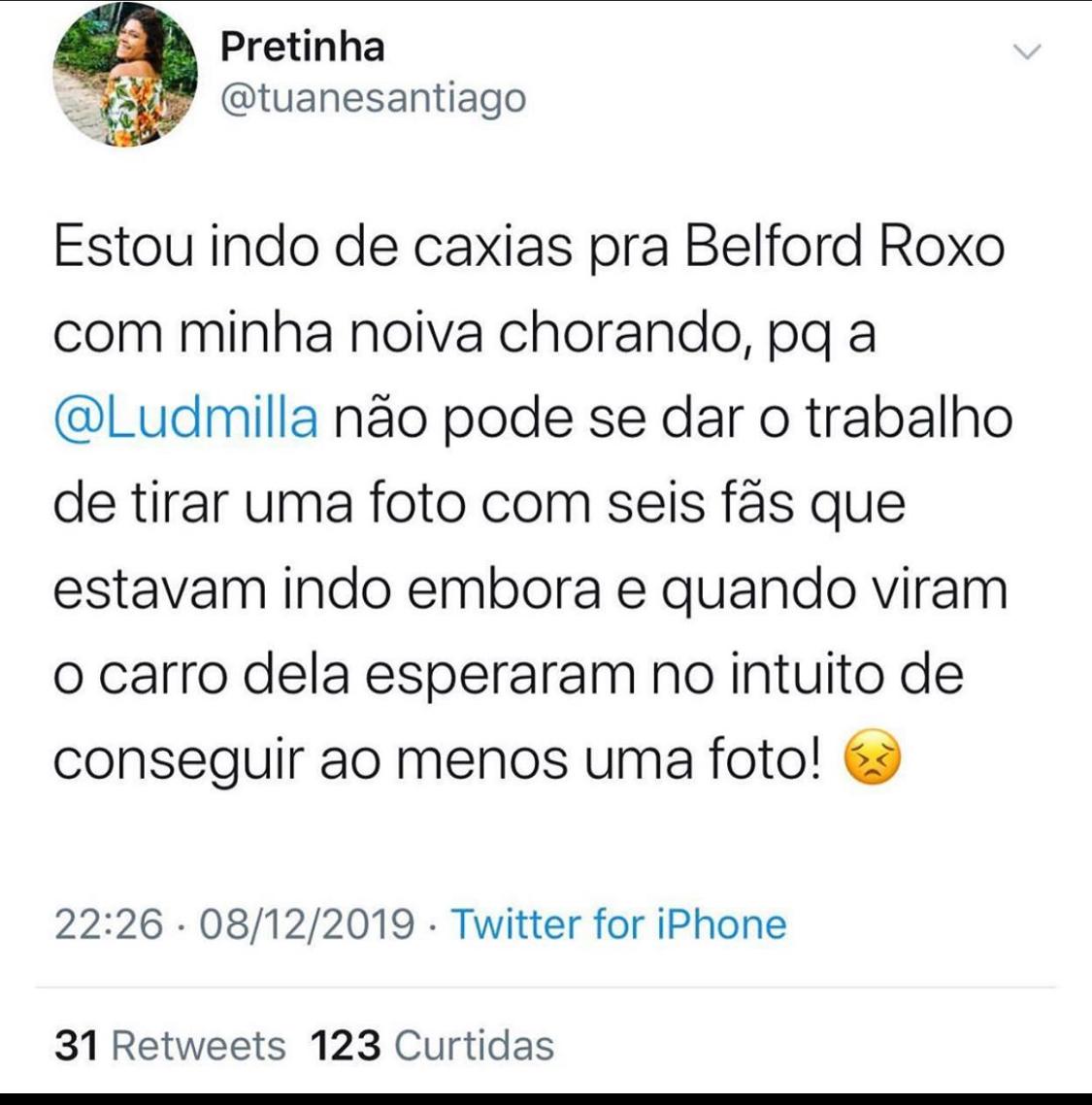 Fã reclama de Ludmilla em suas redes sociais (Foto: Reprodução/Twitter)