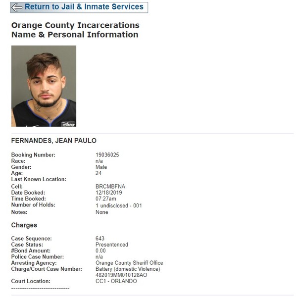 Ficha da prisão do goleiro Jean nos Estados Unidos — Foto: Reprodução