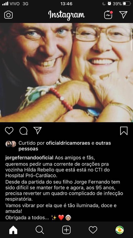 Dona Hilda Rebello está precisando de orações (Reprodução/Instagram)