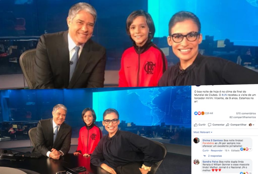 Jornal Nacional da Globo comandando por Renata e Bonner recebeu uma visita muito especial de um torcedor mirim (Foto reprodução)