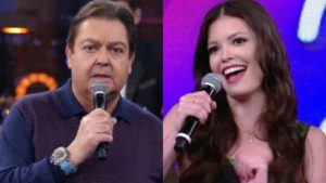 A atriz Vitória Strada no Domingão do Faustão (Montagem: TV Foco)