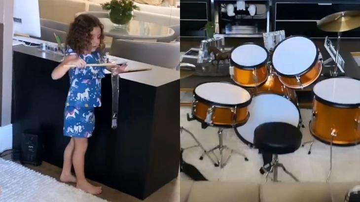 Aos 4 anos, Ysis ganhou uma bateria do papai noel e já está tocando (Foto: Reprodução/Instagram)