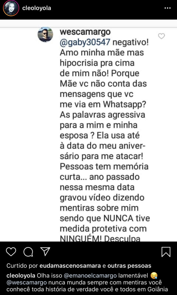 Cleo Loyola, ex de Luciano Camargo, mostrou nas redes sociais, comentário do filho sobre ela (Foto reprodução)