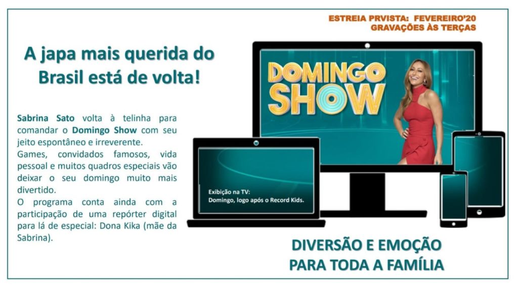 Material exclusivo de divulgação para o mercado publicitário do Domingo Show de Sabrina Sato que o TV Foco teve acesso (Foto reprodução)