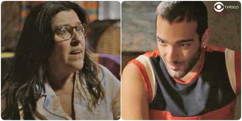 Foto Montagem criada pelo TV Foco com os personagens Sandro e Lurdes de Amor de Mãe que se encaram