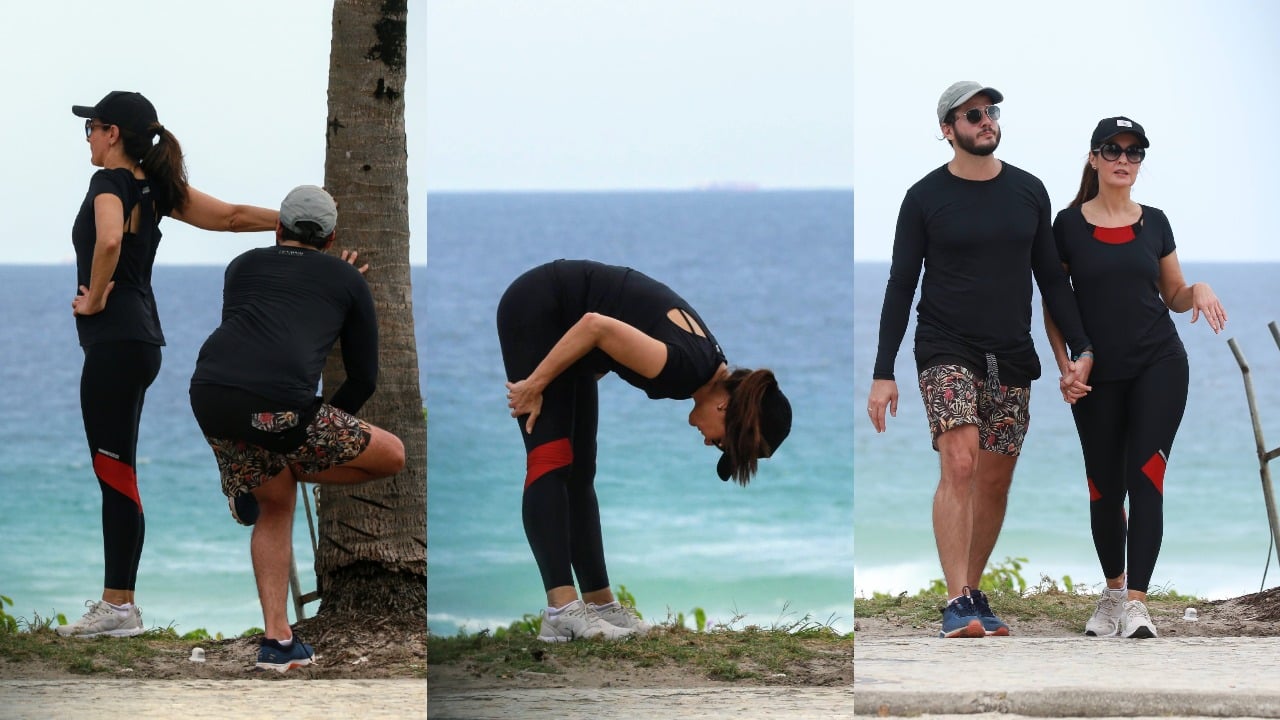 Fátima Bernardes e Túlio Gadêlha fazem exercícios na Barra da Tijuca (Foto: Dilson Silva/AgNews)