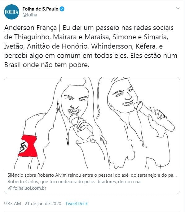 Maiara e Maraisa aparecem com símbolo nazista em ilustração de colunista (Foto: Reprodução/Twitter)