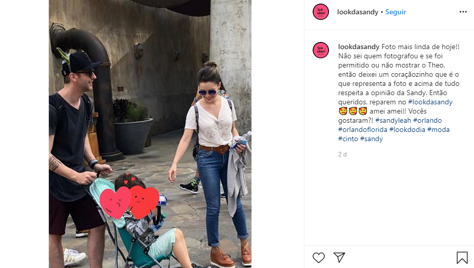 Theo, filho de Sandy e Lucas Lima, surgiu nas fotos andando em carrinho de bebê 