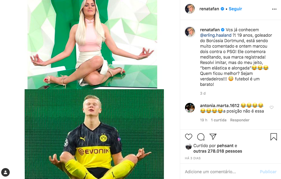 A contratada da Band chamou atenção ao imitar o do atacante Erling Haaland, a nova promessa do futebol europeu (Foto: reprodução/Instagram)