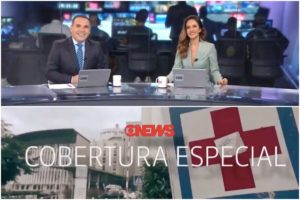 Reinaldo Gottino e Monalisa Perrone na bancada da CNN Brasil. Chamada da GloboNews para cobertura especial do Coronavírus (Foto: Reprodução)