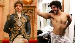 Caio Castro como Dom Pedro I em Novo Mundo e nos bastidores da novela (Foto: Globo/Raquel Cunha/Reprodução/Montagem TV Foco)