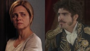 Adriana Esteves (Carminha) em Avenida Brasil e Caio Castro (Dom Pedro I) em Novo Mundo; novelas foram bem na audiência (Foto: Reprodução/Globo)