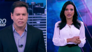 Marcão do Povo e Márcia Dantas durante o Primeiro Impacto, que foi reprisado por ordem de Silvio Santos e desabou a audiência (Foto: Reprodução/SBT)