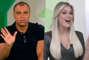 Denilson e Renata Fan  no jogo Aberto (Foto montagem: TV Foco)