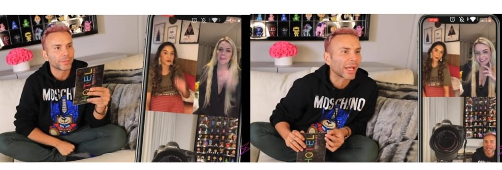 Gizelly e Marcela participam de brincadeira com o yutuber Matheus Mazzafera (Foto: Reprodução/YouTube)