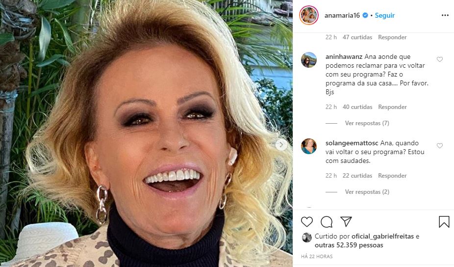 Ana Maria Braga tem sido motivo de exigência por parte de fãs (Foto: Reprodução/Instagram) Globo