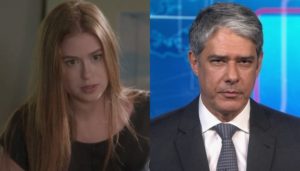 Marina Ruy Barbosa (Eliza) em Totalmente Demais e William Bonner no Jornal Nacional; novela deu mais audiência que noticiário (Foto: Reprodução/Globo)