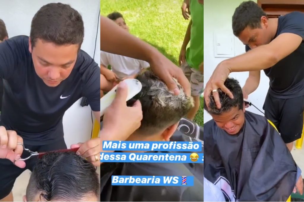 Wesley Safadão corta cabelo da famílias em seus aras no Ceará