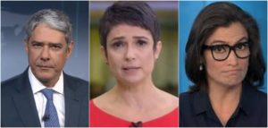 Os apresentadores da Globo, William Bonner, Sandra Annenberg e Renata Vasconcellos (Reprodução)