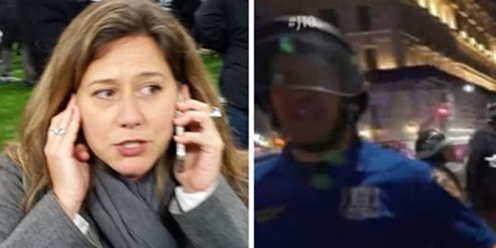 Carolina Cimenti ficou revoltada com policial após ser empurrada durante reportagem ao vivo na GloboNews (Foto: Montagem/TV Foco)