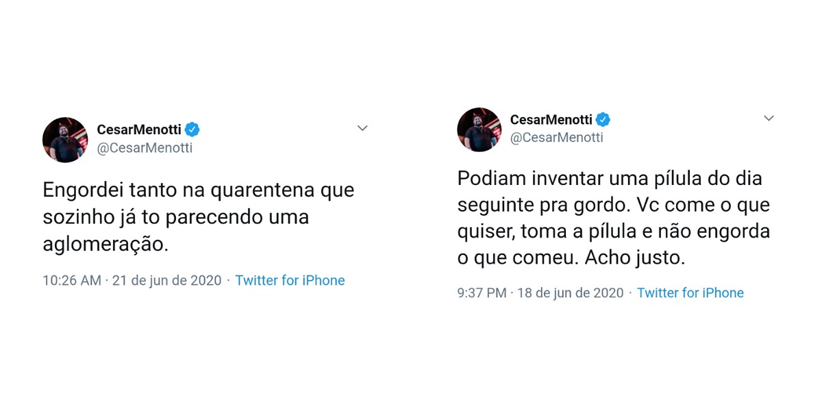 César Menotti fala no twitter sobre aumento de peso em meio ao isolamento social (Foto: Reprodução/Twitter)