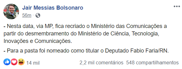 Bolsonaro recria ministério e coloca Fábio Faria (Foto: Reprodução)