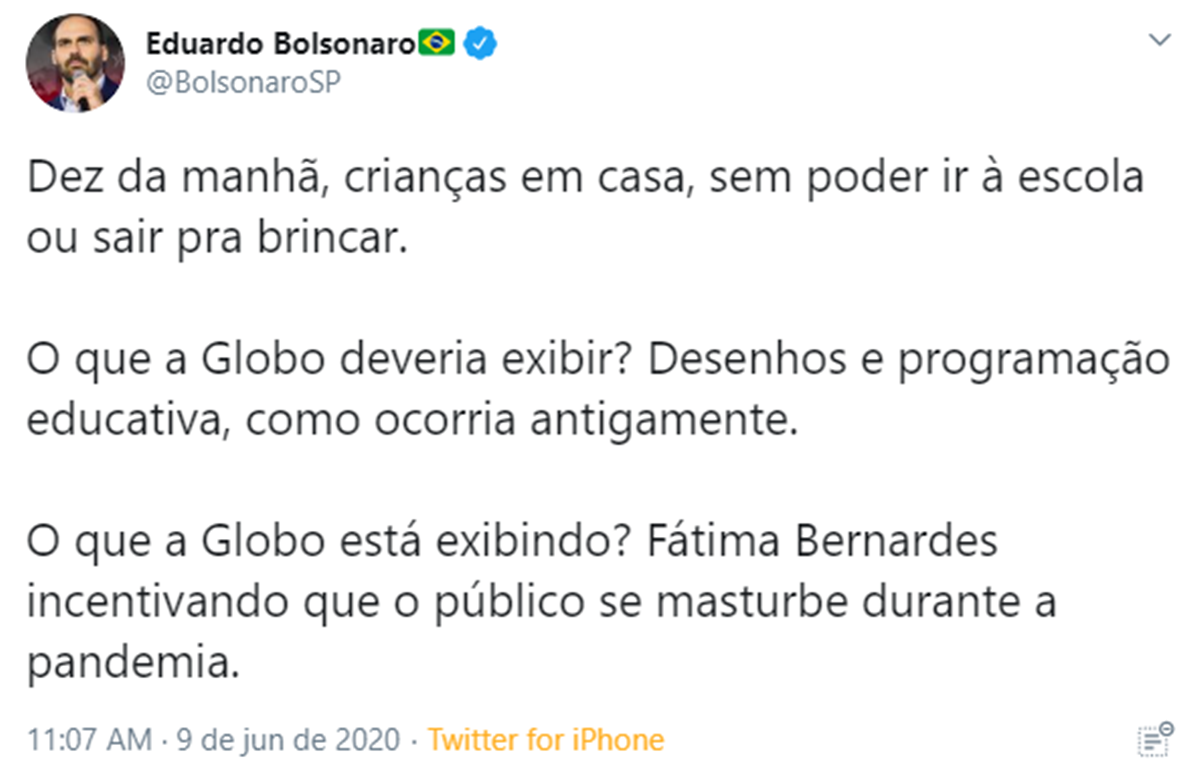 Eduardo Bolsonaro criticou Fátima Bernardes por causa de pauta do Encontro (Foto: Reprodução/Twitter)