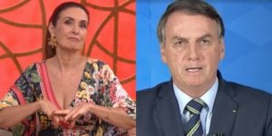 Fátima Bernardes no comando do Encontro e Jair Bolsonaro; filho do presidente acusou apresentadora de incentivar masturbação (Foto: Reprodução/Globo/Montagem)