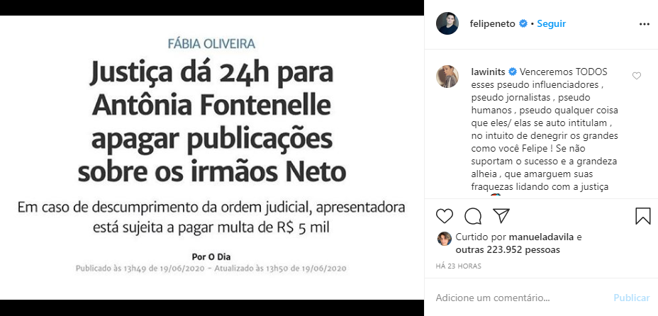 Felipe Neto venceu Antonia Fontenelle na Justiça (Foto: Reprodução/ Instagram)