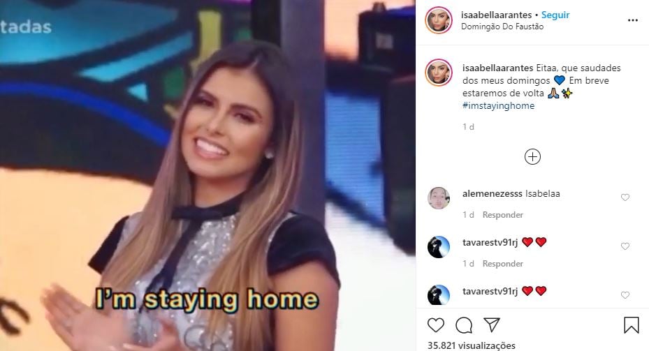 Isabella Arantes está com saudade do Domingão do Faustão (Foto: Reprodução/Instagram)